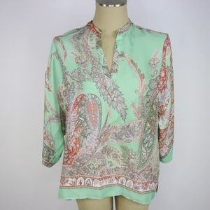 Zara Basic Boho Green Paisley V-Neck Top-P006